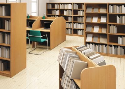 Wood effect library book shelves, mobile book display cases and study desking pods