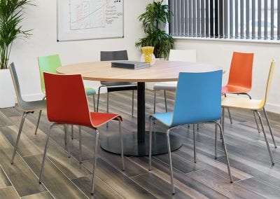 Round wood veneer meeting table with single centre column leg and stylish multi coloured formed meeting chairs