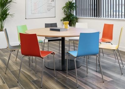 Round wood veneer meeting table with single centre column leg and stylish multi coloured formed meeting chairs