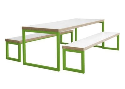 Bench table and seating with chunky white tops and green metal frames
