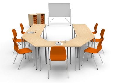 Modular basic meeting tables. Rectangular and angular options shown in a U-shape meeting configuration with meeting chairs, complimentary wheeled tray storage units and a white board.