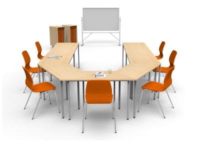 Modular basic meeting tables. Rectangular and angular options shown in a U-shape meeting configuration with meeting chairs, complimentary wheeled tray storage units and a white board.