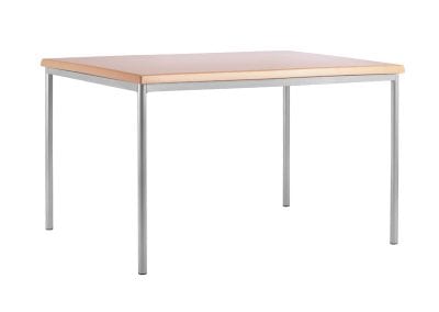 Rectangular wood veneer meeting table with metal legs. Can be combined with D-shaped table to form an oval shape meeting table.