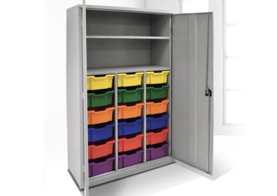 Double doored metal locking cabinet with internal shelves and plastic storage trays