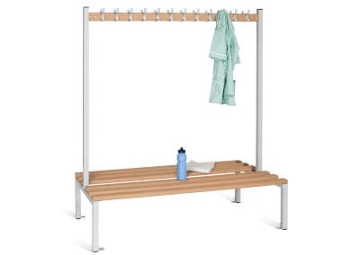 Double sided metal framed changing bench with wood slat bench and rail with mounted coat hooks