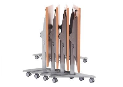 Wood veneer tilt top tables with metal legs on castors