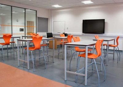 Educational classroom high tables with stacking high stools, teachers desk and presentation screen