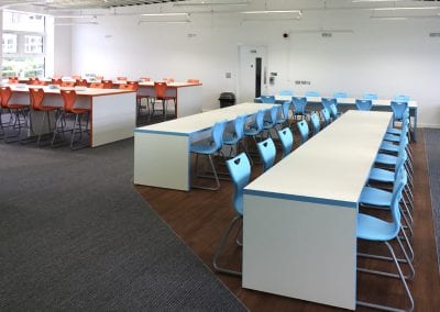 White dining refectory bench tables with colour coded edging and colour coded chairs and stools