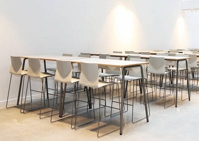 White top high bench style dining refectory tables and high stools with wire frame legs