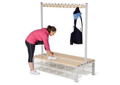 Double sided metal framed changing bench with wood slat bench, rail with mounted coat hooks and under bench wire mesh shoe racks