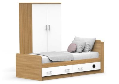 Residential education bed with under bed drawers, electrical and charging ports, and 2 door wardrobe