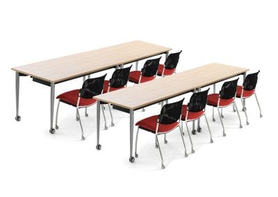 Wood veneer meeting tables with folding legs and castors, black and red meeting chairs with castors