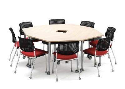 Light wood veneer meeting tables with metal legs and castors, and mesh back meeting chairs with castors
