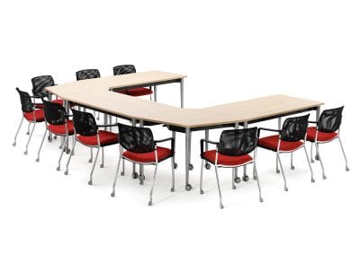 Wood veneer tilt top meeting tables with metal wheeled legs and black and red stacking meeting chairs with castors