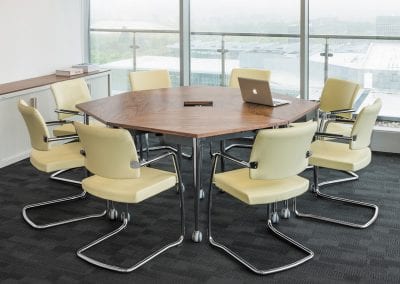 Walnut veneer meeting tables with chrome legs and cream leather meeting chairs with chrome legs
