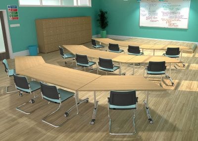 Wood veneer tilt top tables with chrome wheeled legs, light blue meeting chairs and personal effects lockers