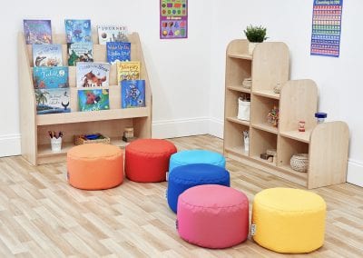 Early Years Nursery furniture including book display unit, display shelves and soft seating stools
