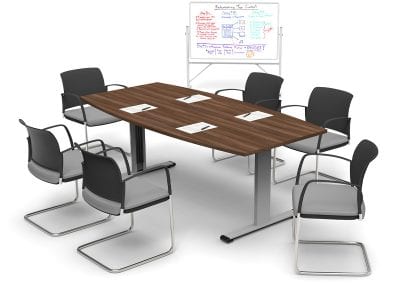 Barrel shaped dark wood veneer meeting table with metal legs, meeting chairs with grey and black finish, and a white board