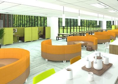 Dining refectory modular seating booths in circular and cube options with integrated tables
