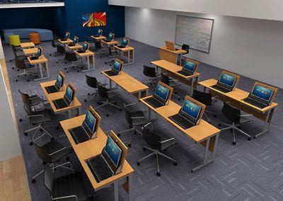 SmartTop educational tables with flip up monitor and keyboard storage, black wheeled chairs and occasional seating