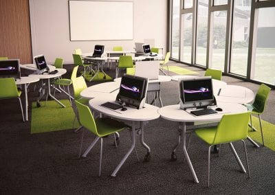 SmartTop educational tables with flip up monitor and keyboard storage, lime green molded stacking chairs and large wall mounted white board