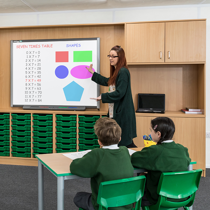 Tick Solutions Teachers Furniture Fade In Photograph of three Rockit stools set at different heights, one red, one black and one white