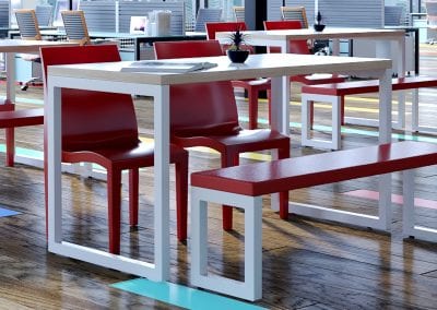 Wood veneer rectangular bench tables with metal legs, matching bench seats and red dining style chairs