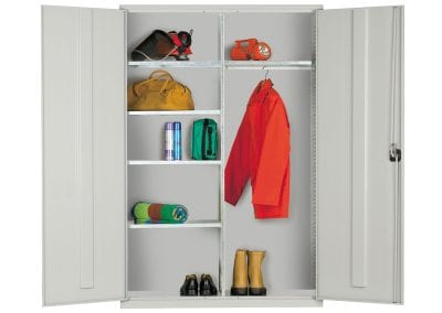 Metal storage cabinet with locking double doors and integral height adjustable shelving