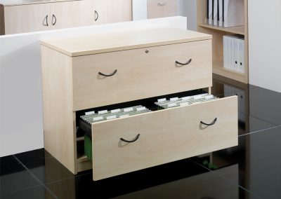 Locking wide 2 drawer wooden storage unit with integral suspension file rails