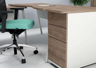 Stylish Ascend pedestal with wood veneer top and drawer fronts, with matching desk and side table