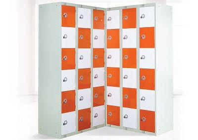 Two personal locker cabinets standing in a corner configuration and showing a bespoke orange and white door combination