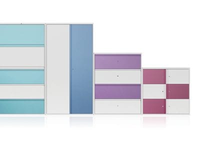 Coloured steel storage units available in drawer, cabinet and locker options with coloured panels as required