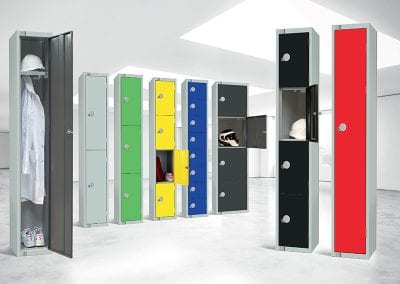 Eight tall metal lockers shown in a range of locker sizes and with different coloured door options