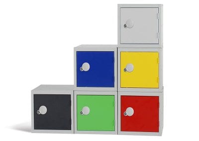 Small metal stacking cube lockers shown in a range of colour options