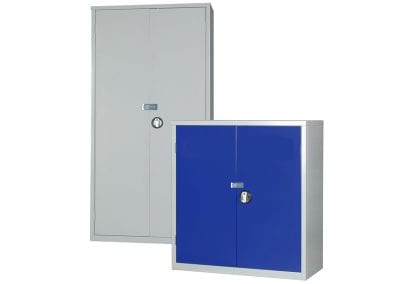 Half and full height metal storage cabinets with locking double doors and internal shelving