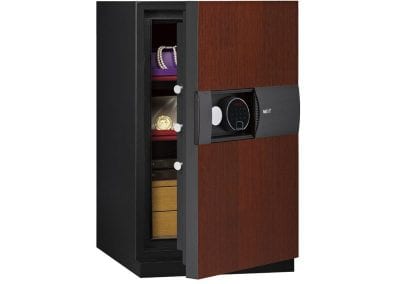 Executive safe with wood veneer front, electronic combination key lock and internal shelves