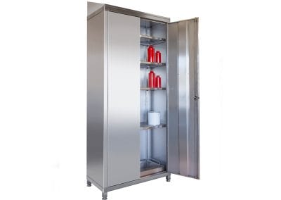 Steel finish storage cabinet with locking double doors for hygenic and catering environments