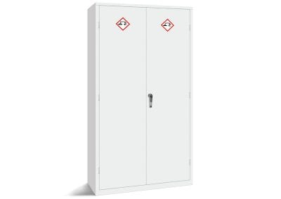 Tall white hazardous materials storage cabinet with double doors and locking handle