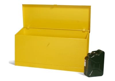 Bright yellow storage bin with hinged lid and fixings for attaching a padlock of choice