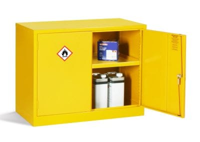 Bright yellow hazardous materials storage cabinet with double doors, locking handle. Shown open to demonstrate internal shelf