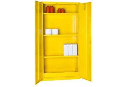 Bright yellow hazardous metal storage cabinet with double locking doors and internal height adjustable shelves