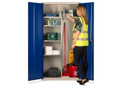 Tall metal hazardous materials storage cabinet with locking double doors for cleaning supplies and first aid storage
