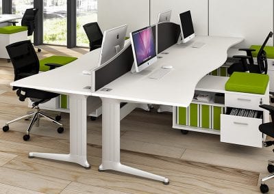 Designer Kassini wave front pedestal desks finished in white with unique slide out pedestal units containing drawers, shelves and occasional seating pad