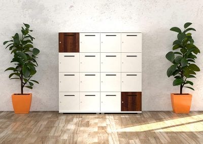 White and dark wood veneer fronted letterbox lockers with individual locks for office environments