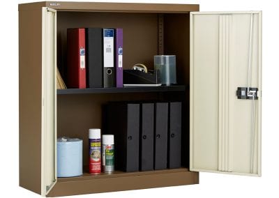 Brown and cream Bisley metal storage cabinet with locking double doors and internal height adjustable shelf