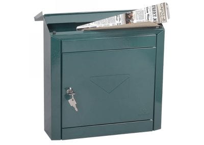 Metal secure postal document safe with hinged postal slot and locking access door.