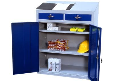 Steel storage cabinet with locking drawers, double doors with shelving and lectern top