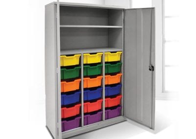 Grey steel cabinet with locking double doors, internal shelves and multi tier coloured storage bins