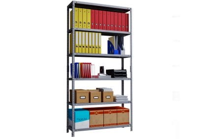 Tall metal height adjustable utility shelving for filing and storing office supplies