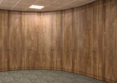 Executive floor to ceiling wood veneer wall storage units with double doors